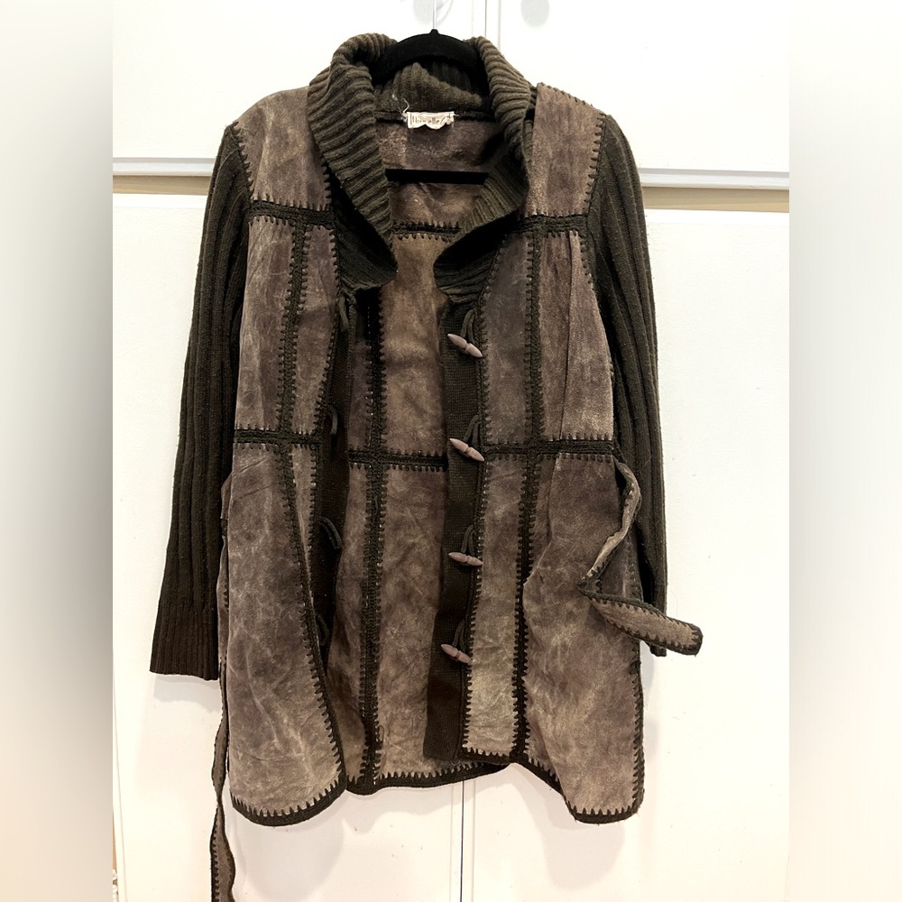 Nouvelle suede and knit jacket with a tie waist belt